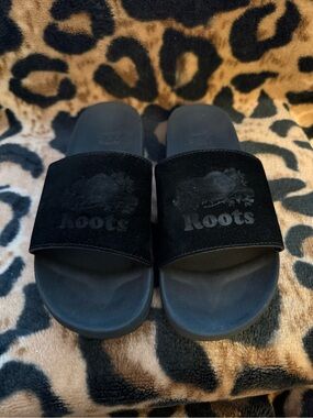 Roots Black Velvet Slide Sandals
